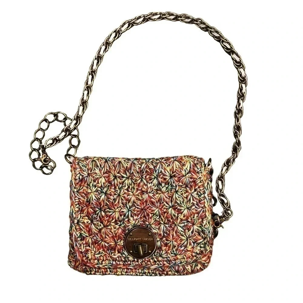Elliott Lucca Woven Knit Crochet Flap Handbag Metal Leather Chain Strap‎ Purse